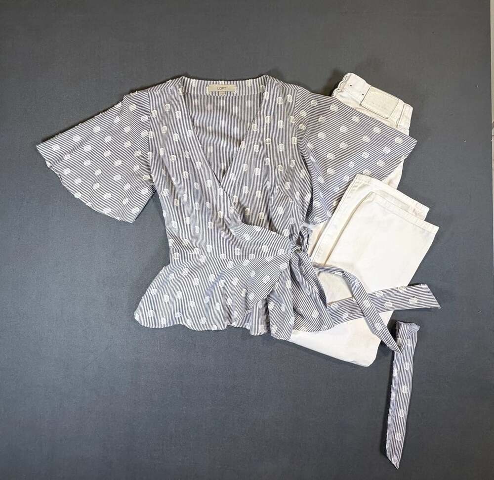LOFT Blue & White Striped Polka Dot Wrap Peplum Blouse Size Small